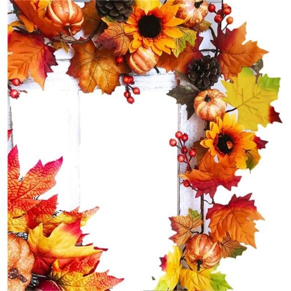 Fake Fall Maple Leaf Garland Hanging Vine- 6 Feet - Artificial Berries Sunflower - Picture 2 of 6